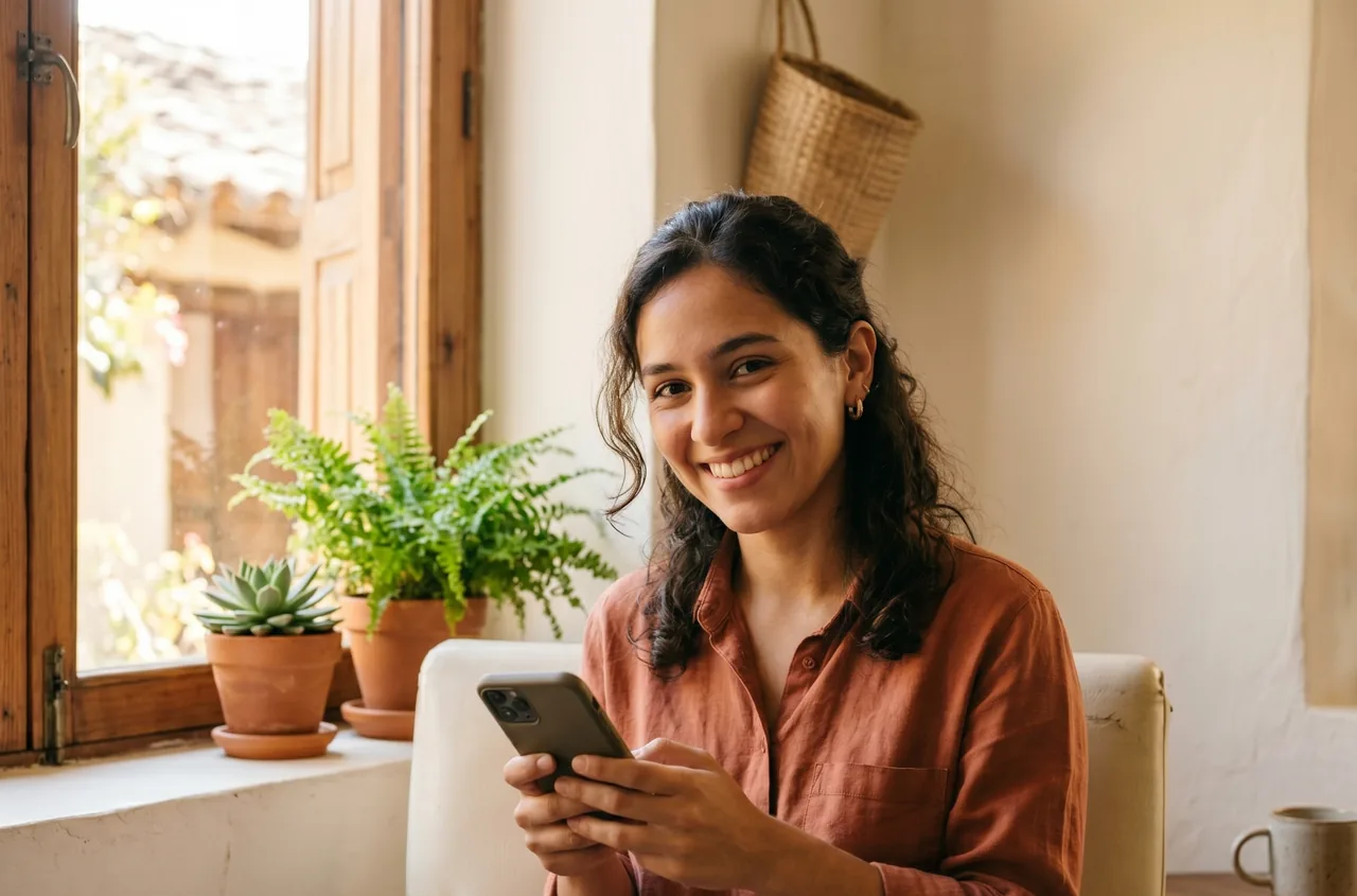 Persona sonriendo mientras aprende guaraní con la app Guaranive en su celular